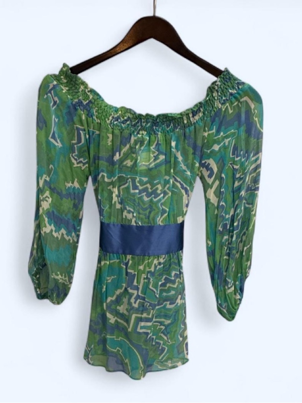 GUESS by Marciano Green Blue Abstract Geometric Off-Shoulder Tie Back Top Small